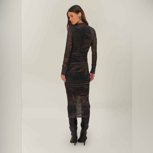 Farm Rio Black Golden Foliage Tulle Midi Dress